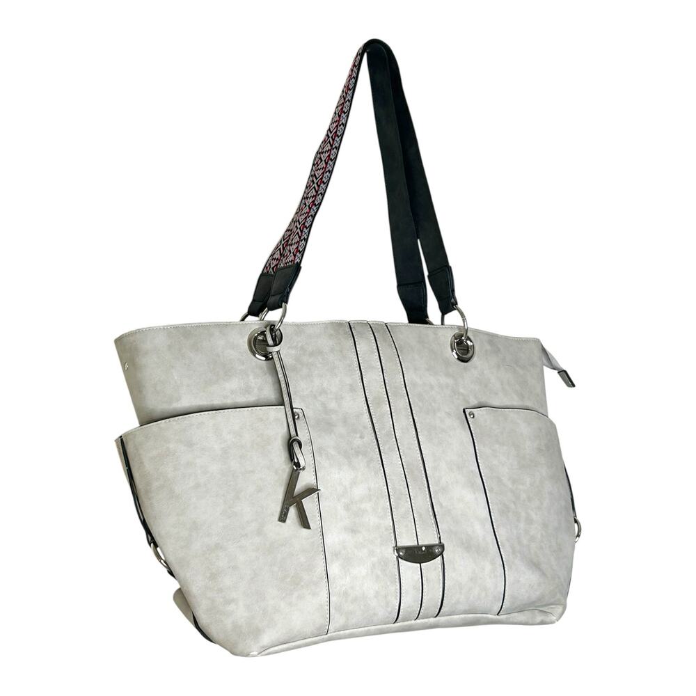 Kensie Diaper Bag Tote Gray Faux Leather Exterior Patterned Strap Big Pockets